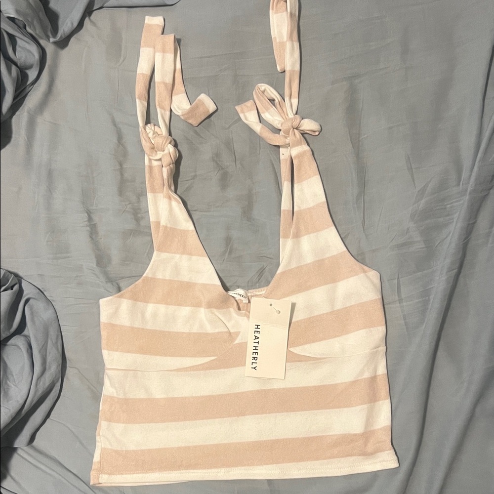 Heatherly Pink & White Striped Tie-Shoulder Tank Top